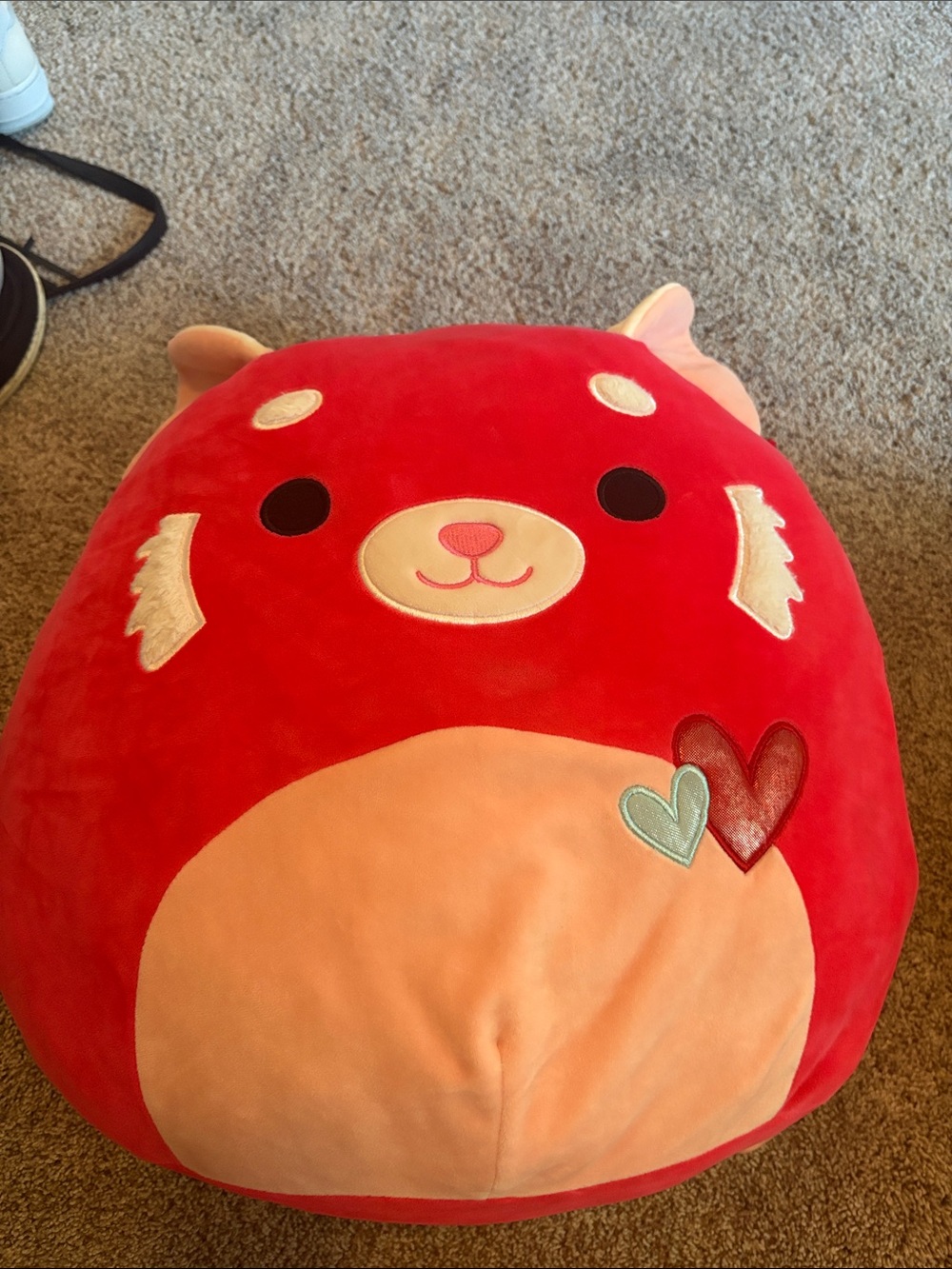 Red Plush Animal Pillow with Peach Belly and Heart Patches Squishmallow